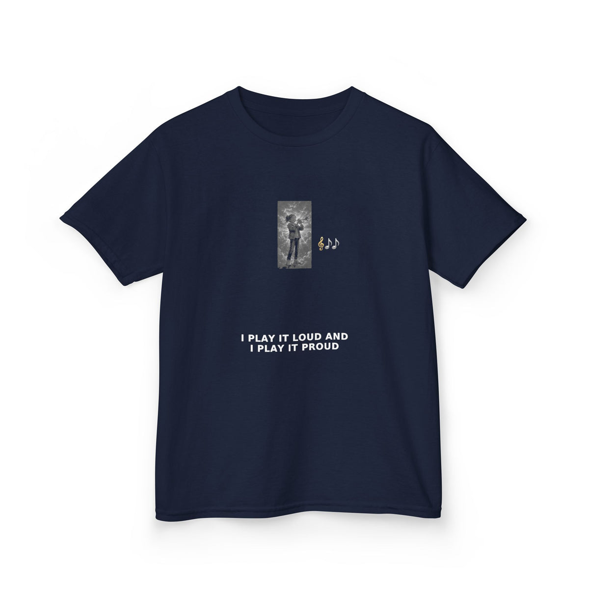 I Play It Loud and I Play It Proud — Girl Trumpet Pre-Teen Musician Tee (White Ink) (Budget Edition) (Front Print)