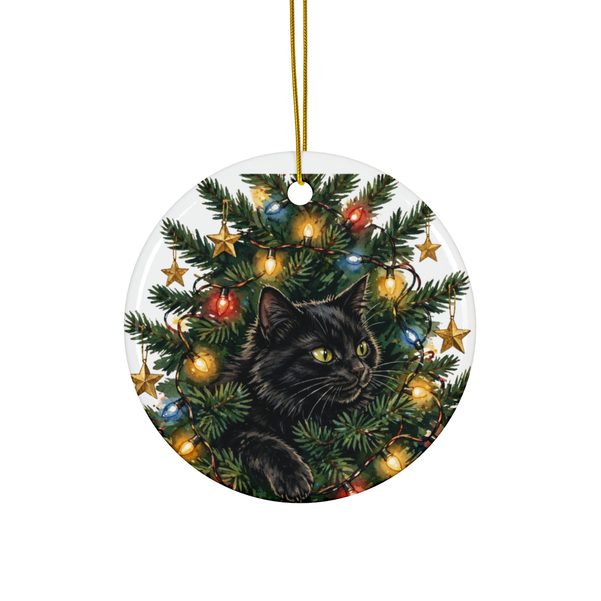 Gato en el Arbol de Navidad - Adorno Navideno de Ceramica - Regalo en Espanol - Edicion Economica