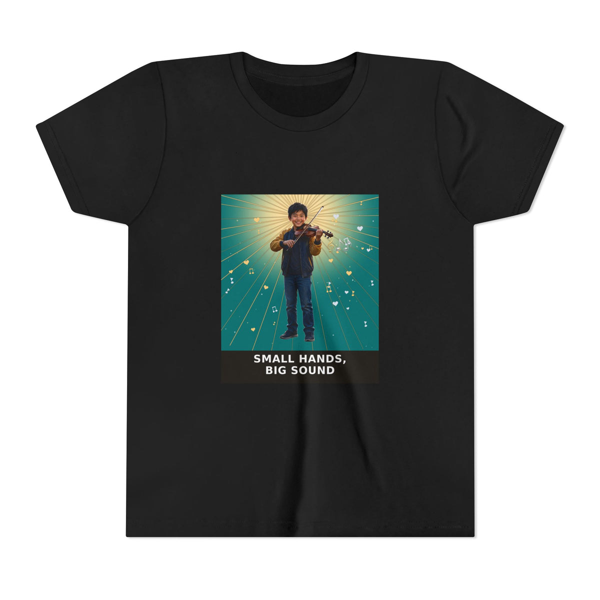Small Hands, Big Sound — Asian Boy Violin Pre-Teen Musician Tee (Teal) (Front Print)