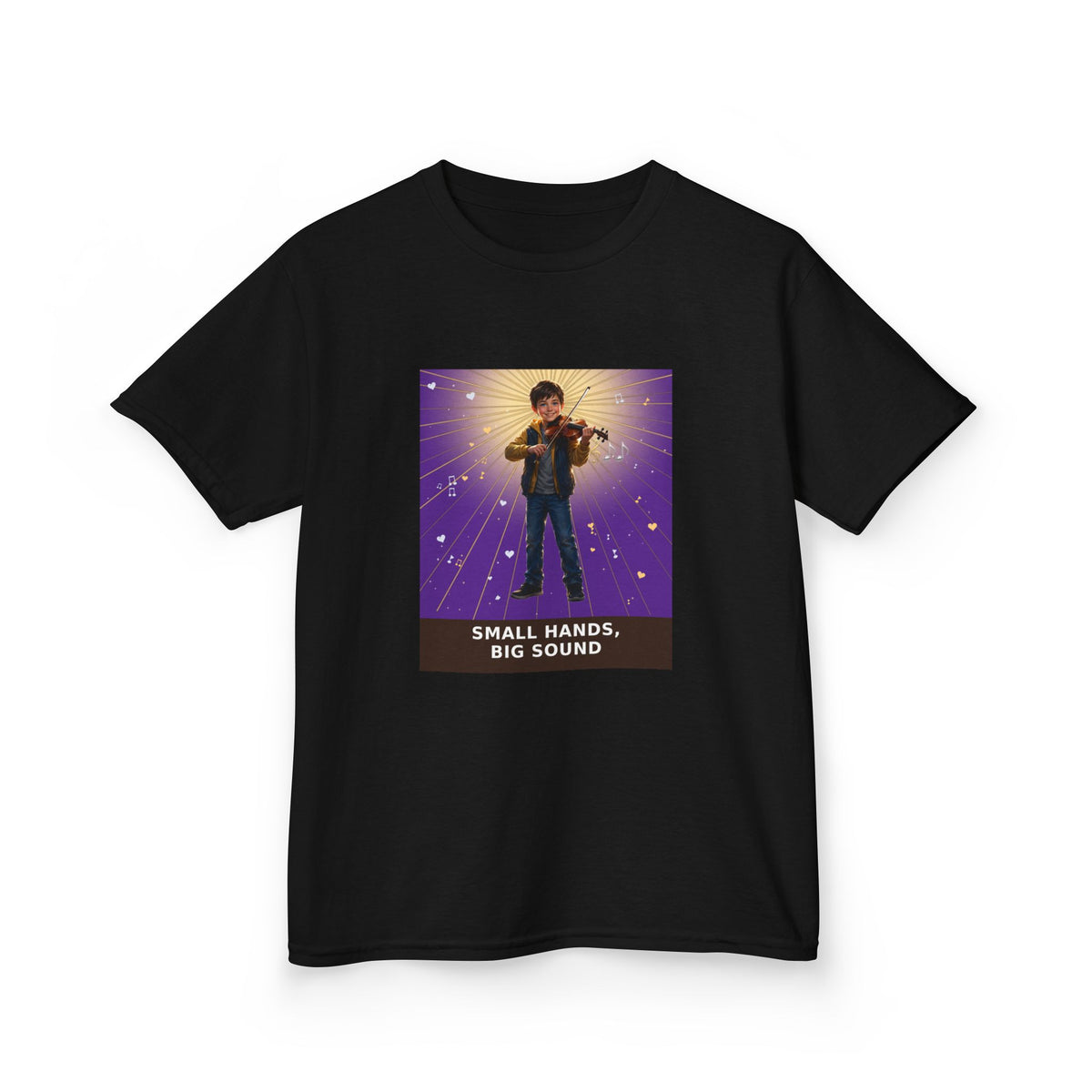 Small Hands, Big Sound — Boy Violin Pre-Teen Musician Tee (Royal Purple) (Budget Edition) (Front Print)