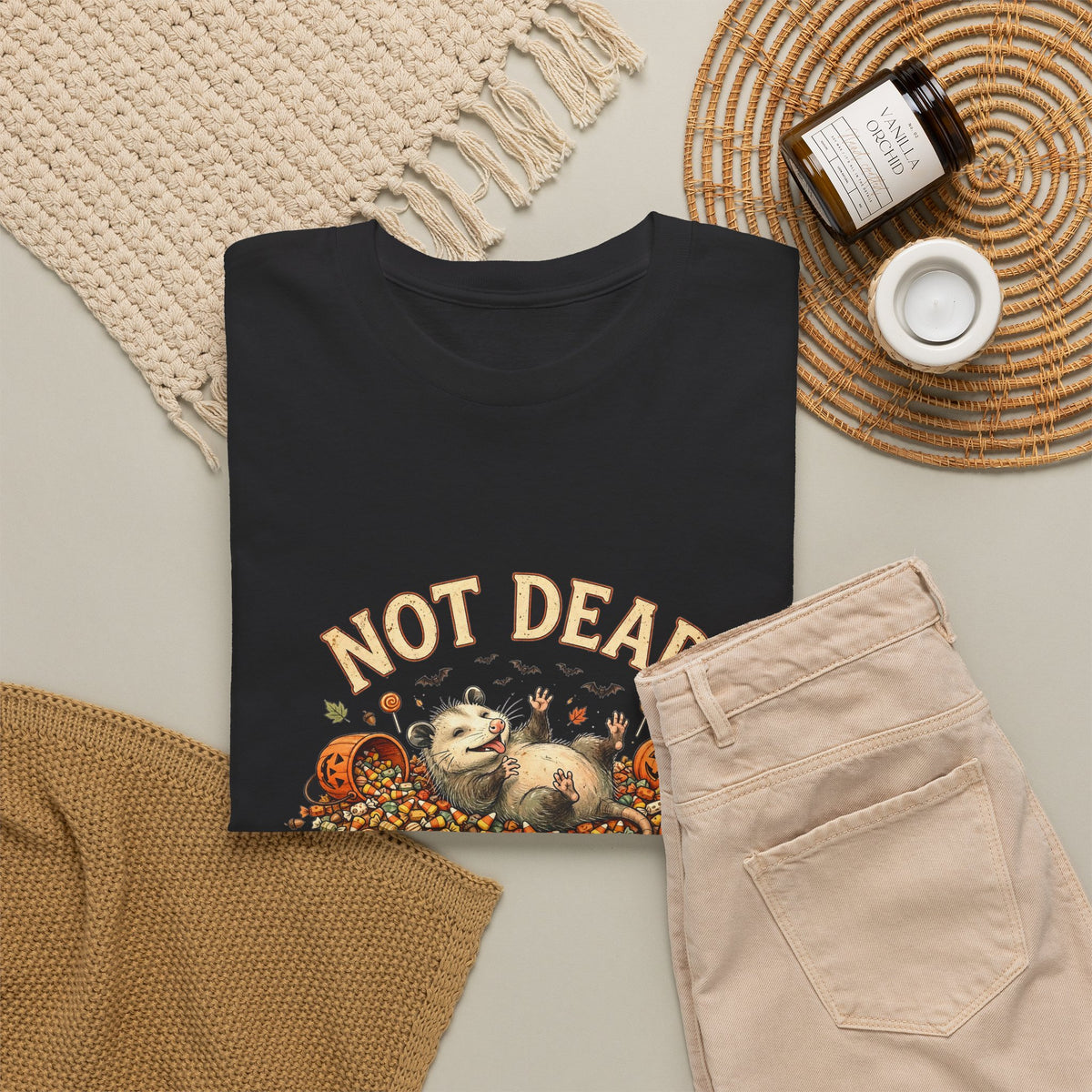 Possum Halloween T-Shirt - Not Dead Just in a Candy Coma Funny Opossum Vintage Tee, Spooky Candy Pile Gift - Budget Edition