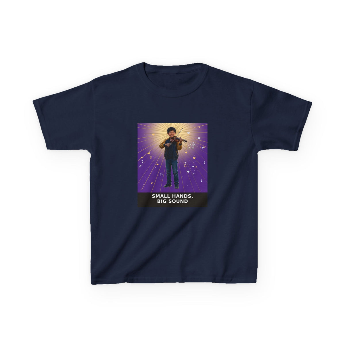 Small Hands, Big Sound — Asian Boy Violin Pre-Teen Musician Tee (Royal Purple) (Budget Edition) (Front Print)