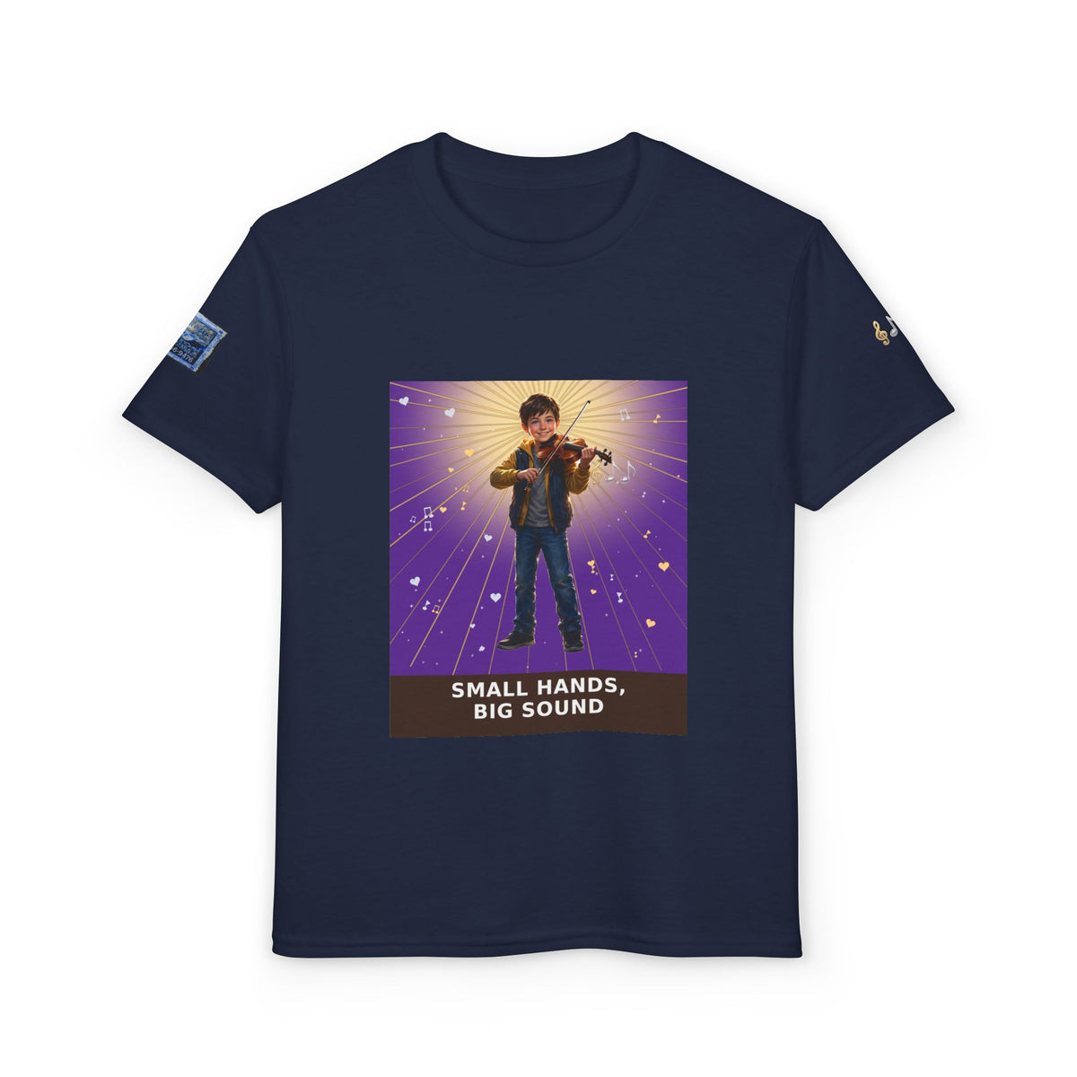 Small Hands, Big Sound — Boy Violin Pre-Teen Musician Tee (Royal Purple)