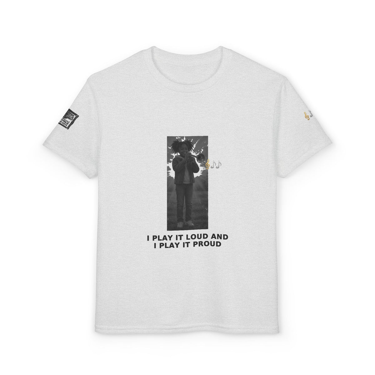 I Play It Loud and I Play It Proud — Black Girl Trumpet Pre-Teen Musician Tee (Black Ink)