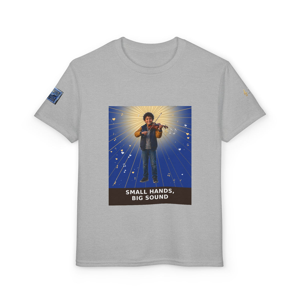 Small Hands, Big Sound — Latino Boy Violin Pre-Teen Musician Tee (Deep Blue)