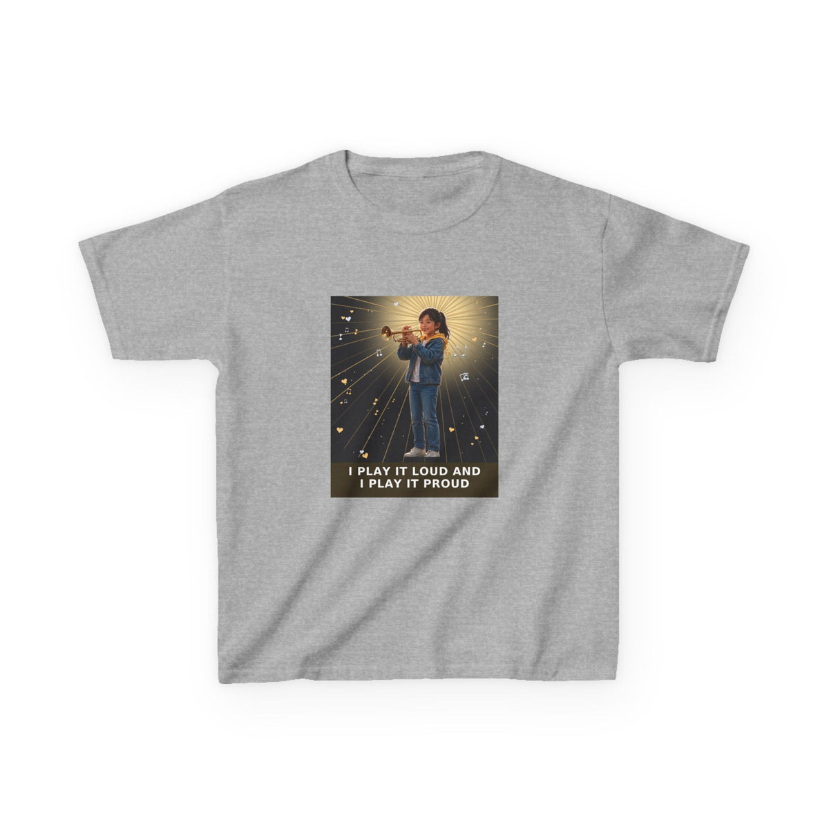 I Play It Loud and I Play It Proud — Asian Girl Trumpet Pre-Teen Musician Tee (Budget Edition) (Front Print)