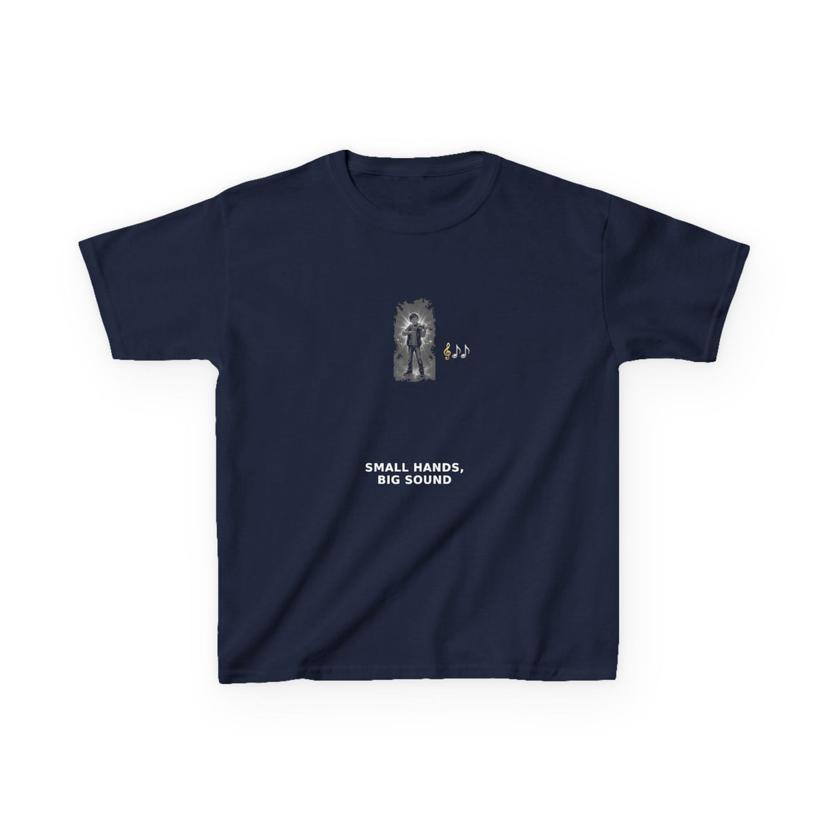 Small Hands, Big Sound — Boy Violin Pre-Teen Musician Tee (White Ink) (Budget Edition) (Front Print)