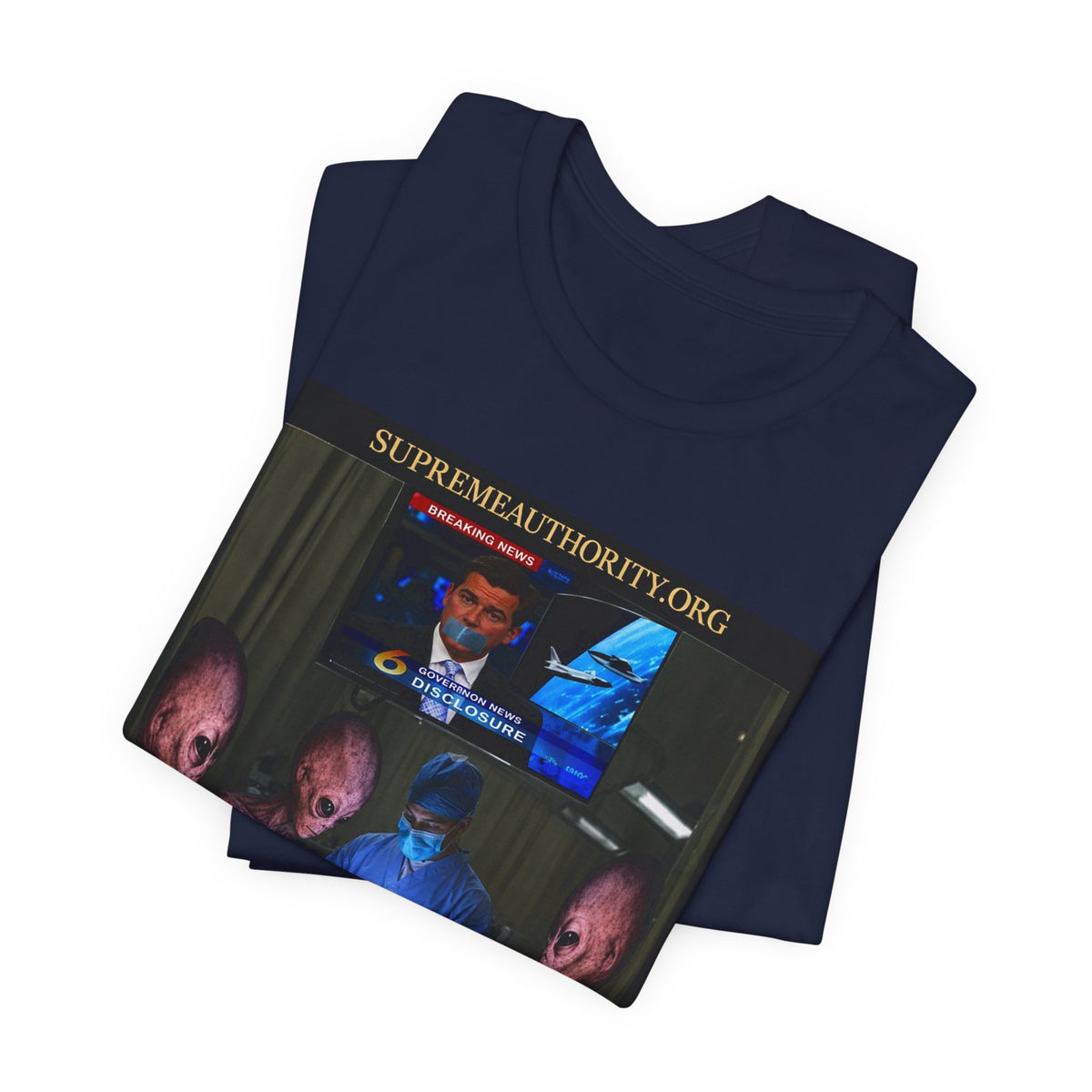 Alien Disclosure T-Shirt - UFO News Cover-Up, Funny Alien Surgery Art, Badge Sleeve