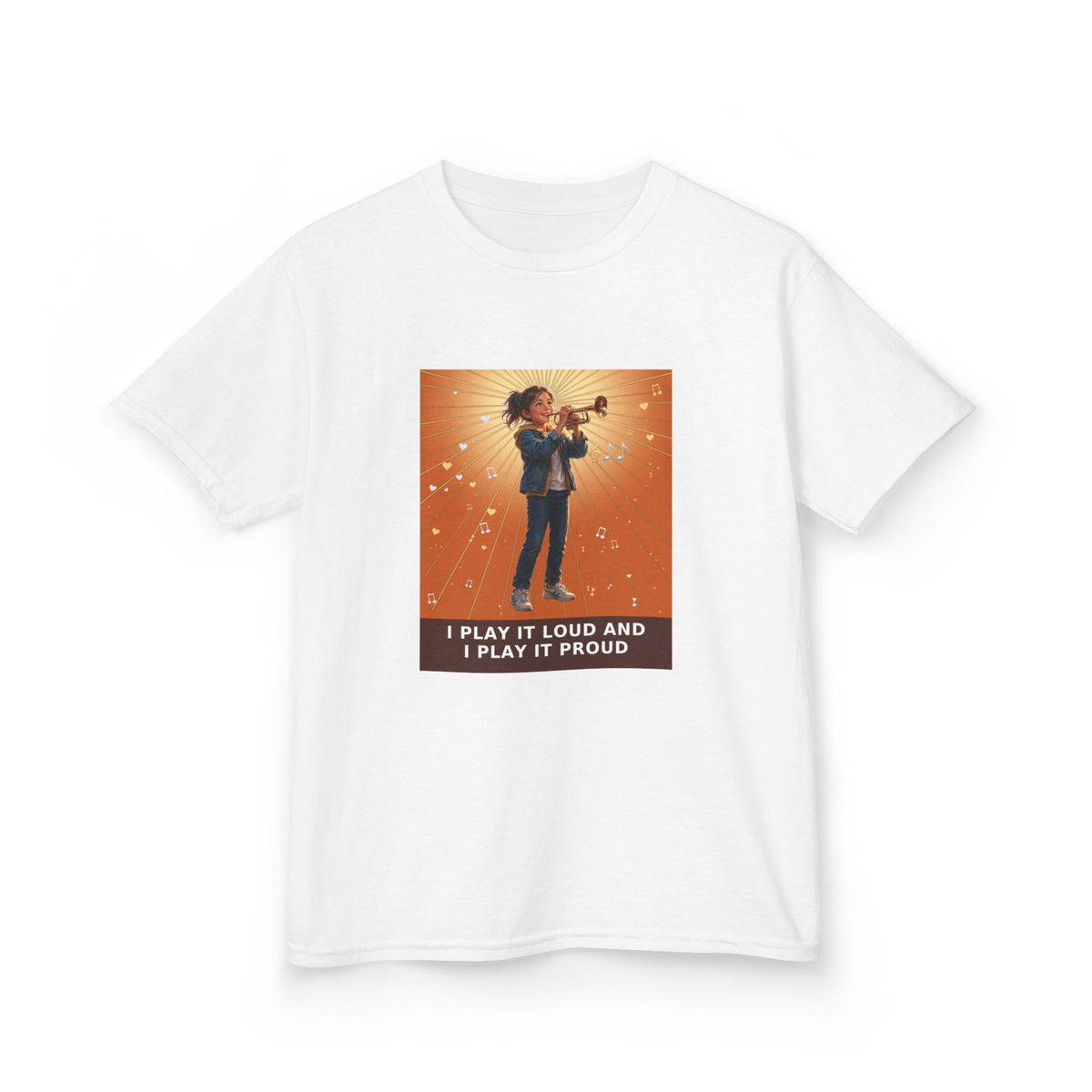 I Play It Loud and I Play It Proud — Girl Trumpet Pre-Teen Musician Tee (Sunset Orange) (Budget Edition) (Front Print)
