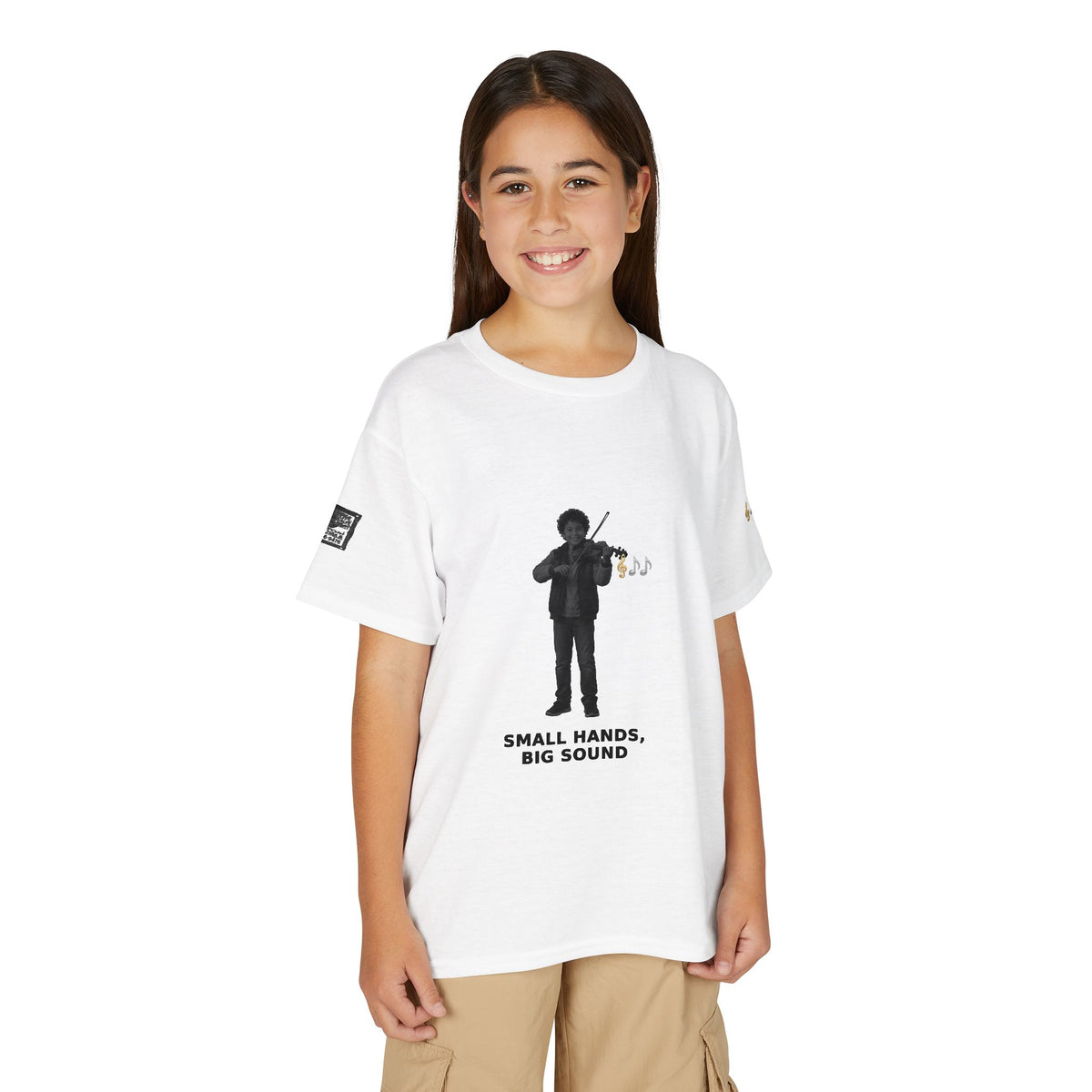 Small Hands, Big Sound — Latino Boy Violin Pre-Teen Musician Tee (Black Ink)