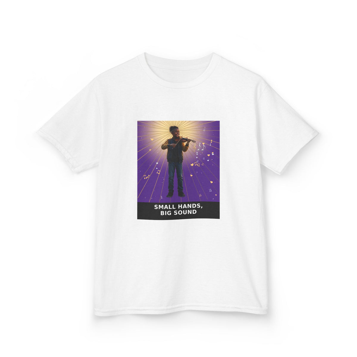 Small Hands, Big Sound — Black Boy Violin Pre-Teen Musician Tee (Royal Purple) (Budget Edition) (Front Print)