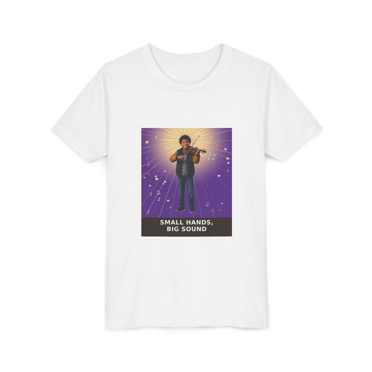 Small Hands, Big Sound — Latino Boy Violin Pre-Teen Musician Tee (Royal Purple) (Front Print)