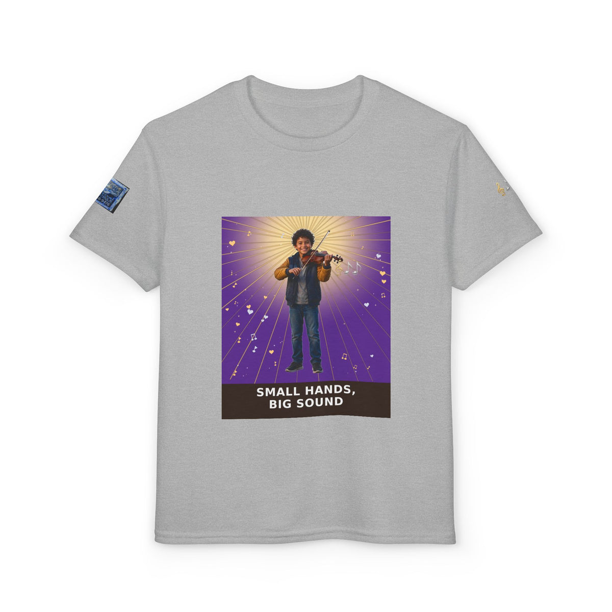 Small Hands, Big Sound — Latino Boy Violin Pre-Teen Musician Tee (Royal Purple)