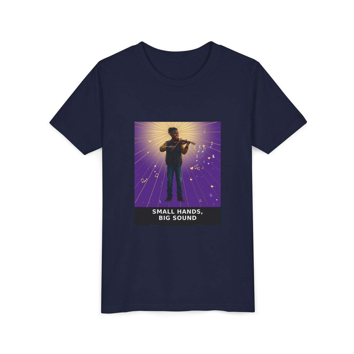 Small Hands, Big Sound — Black Boy Violin Pre-Teen Musician Tee (Royal Purple) (Front Print)