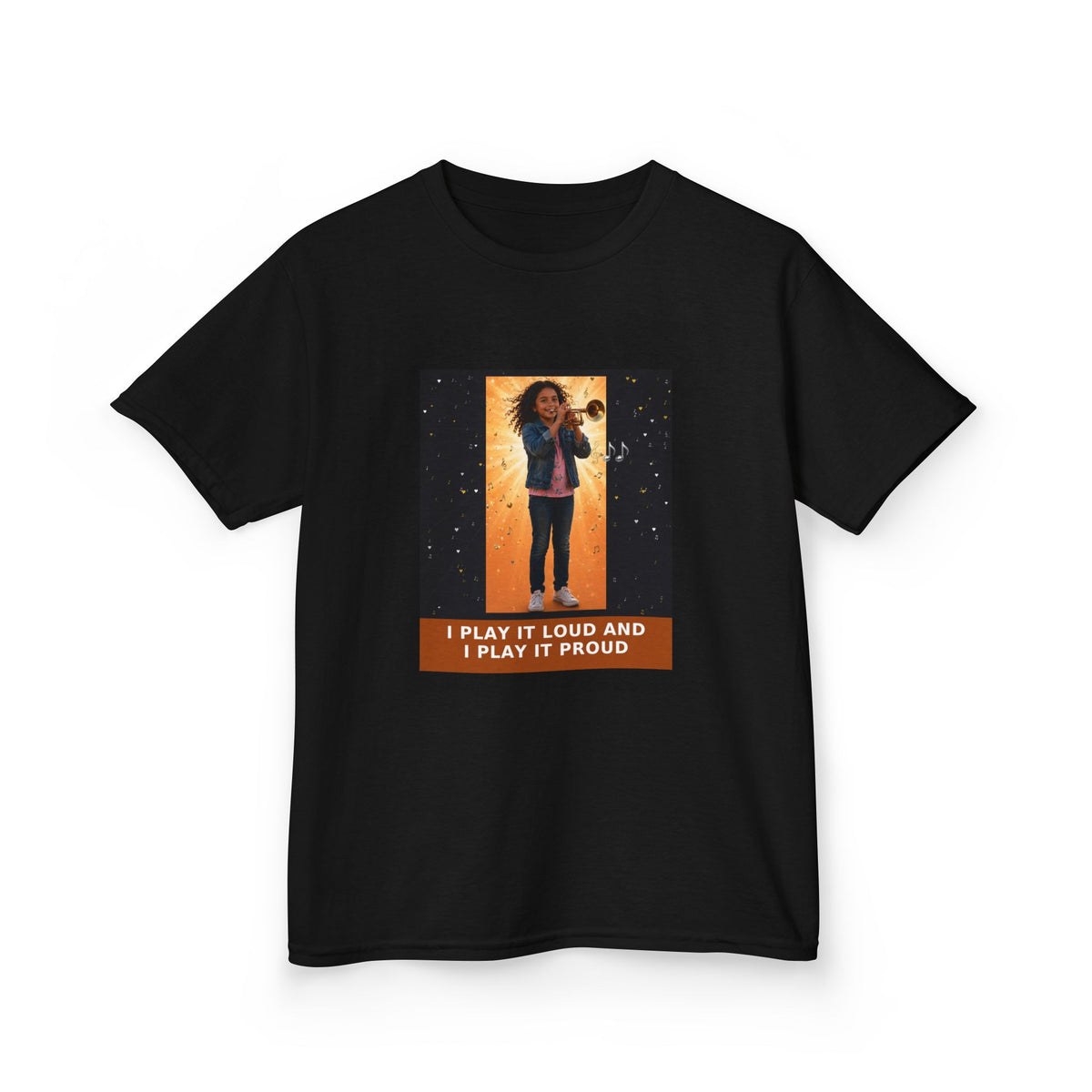 I Play It Loud and I Play It Proud — Latina Girl Trumpet Pre-Teen Musician Tee (Budget Edition) (Front Print)