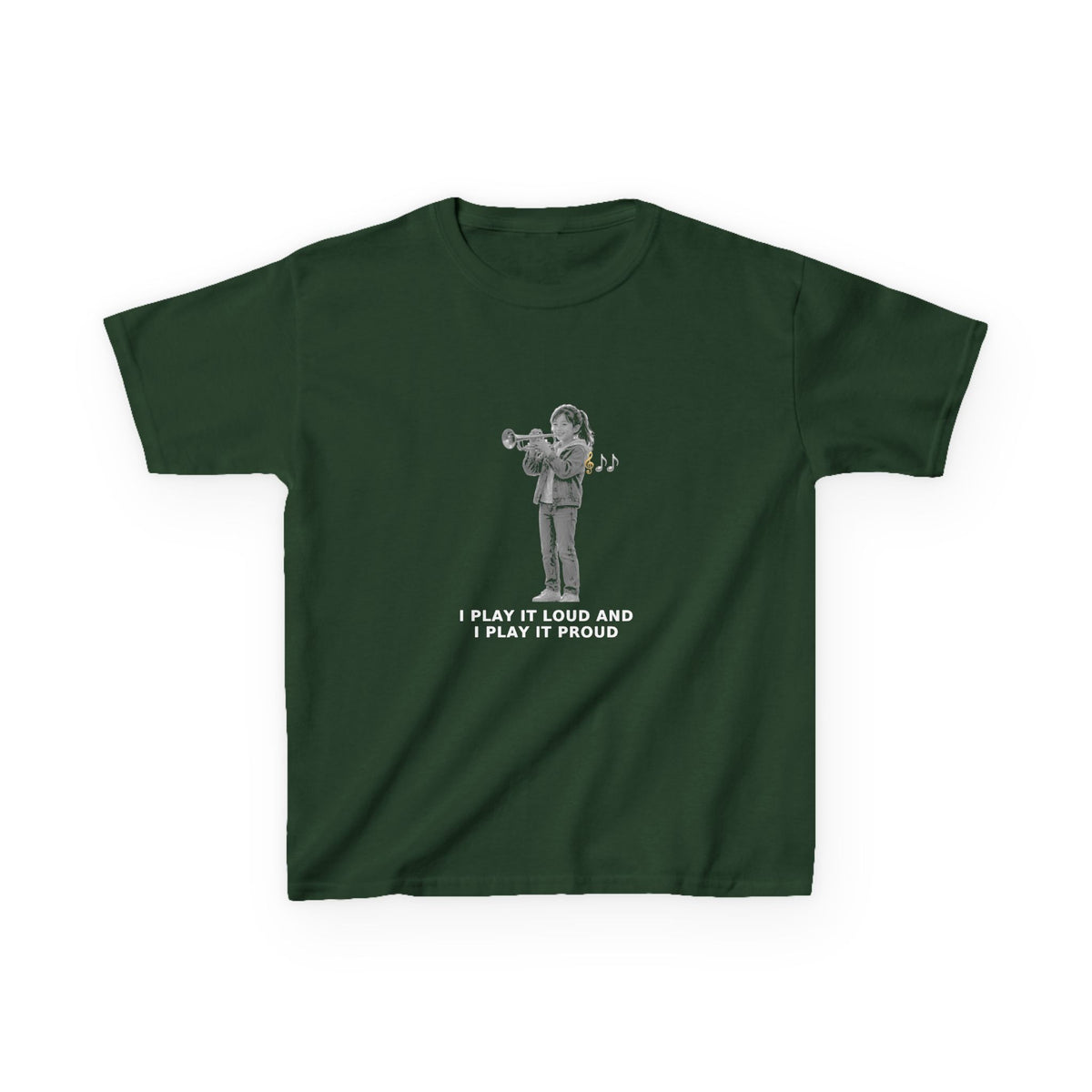 I Play It Loud and I Play It Proud — Asian Girl Trumpet Pre-Teen Musician Tee (White Ink) (Budget Edition) (Front Print)
