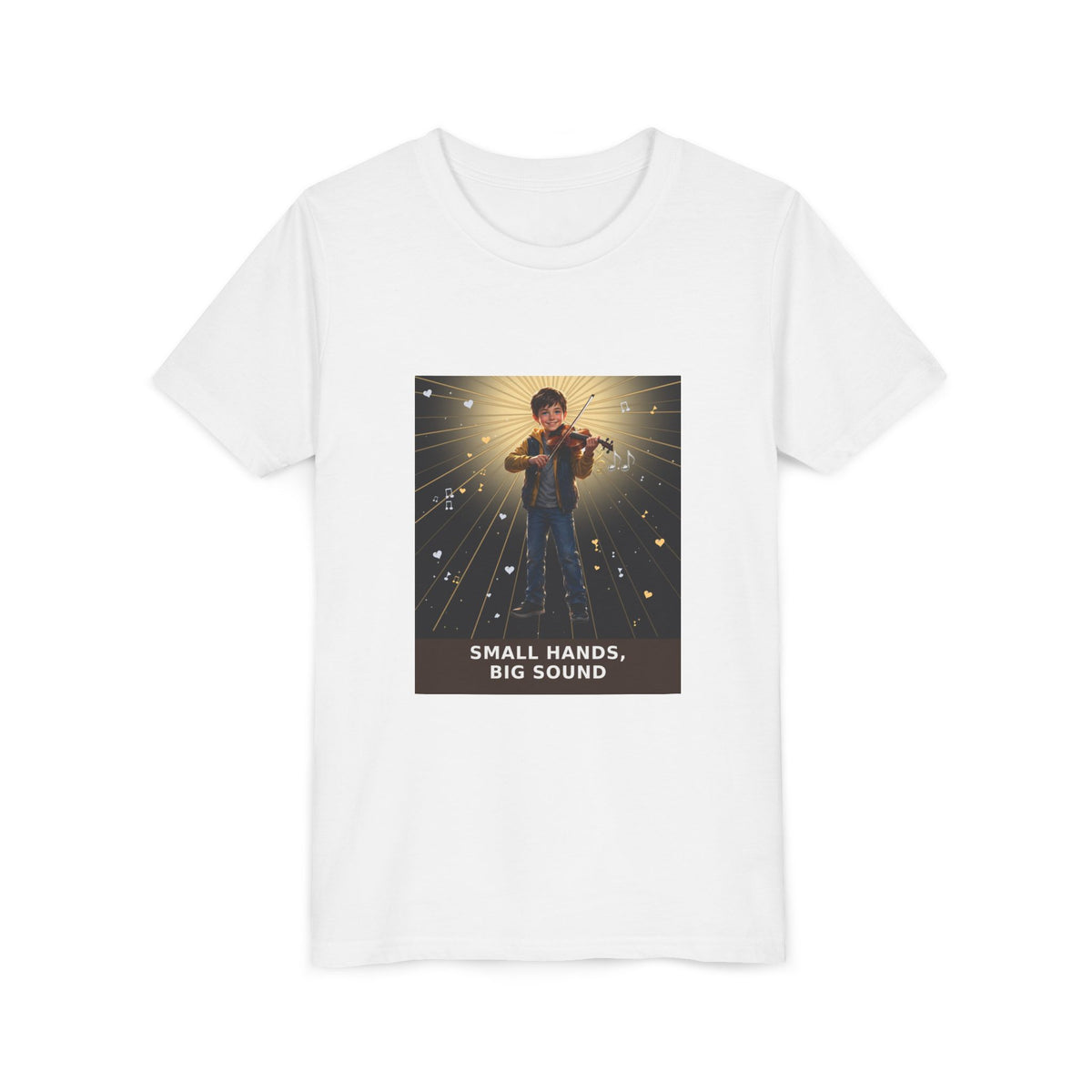 Small Hands, Big Sound — Boy Violin Pre-Teen Musician Tee (Front Print)
