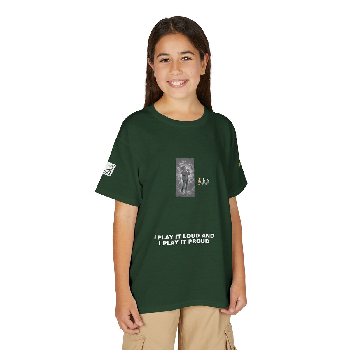 I Play It Loud and I Play It Proud — Girl Trumpet Pre-Teen Musician Tee (White Ink)