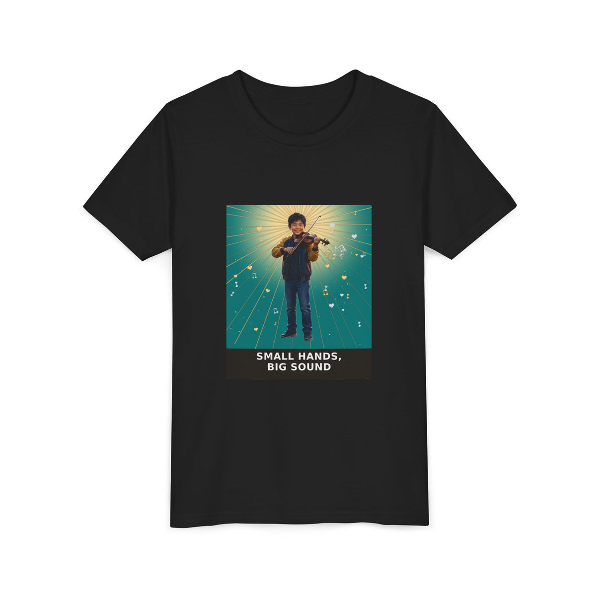Small Hands, Big Sound — Asian Boy Violin Pre-Teen Musician Tee (Teal) (Front Print)