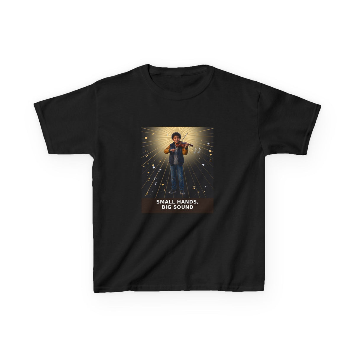 Small Hands, Big Sound — Latino Boy Violin Pre-Teen Musician Tee (Budget Edition) (Front Print)