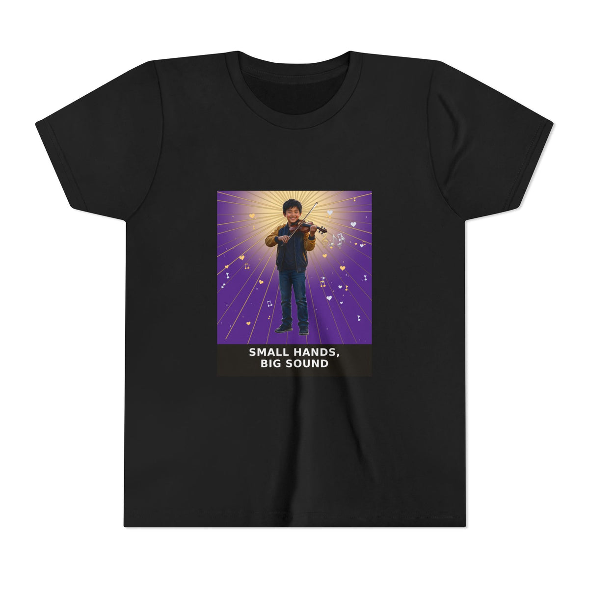 Small Hands, Big Sound — Asian Boy Violin Pre-Teen Musician Tee (Royal Purple) (Front Print)