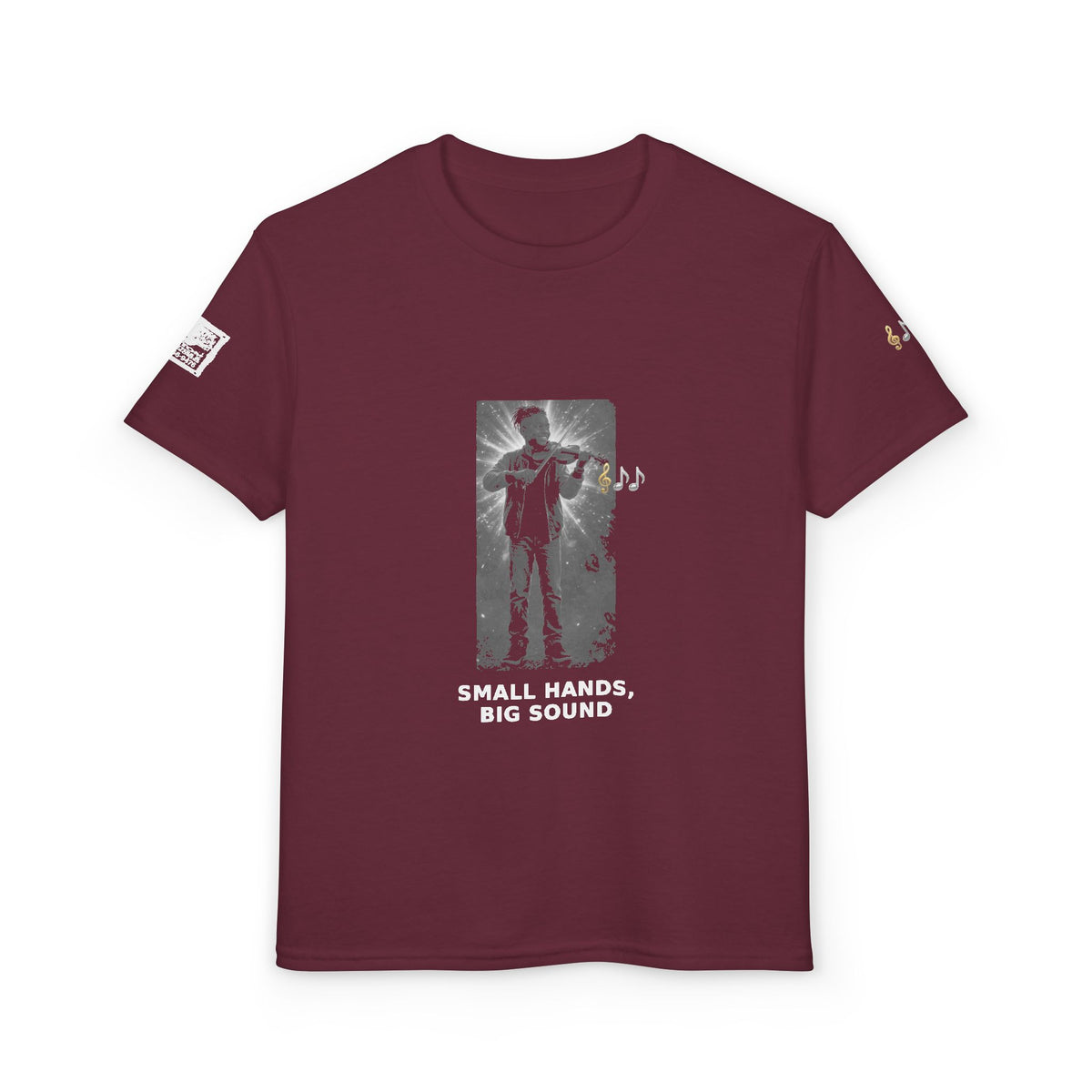 Small Hands, Big Sound — Black Boy Violin Pre-Teen Musician Tee (White Ink)