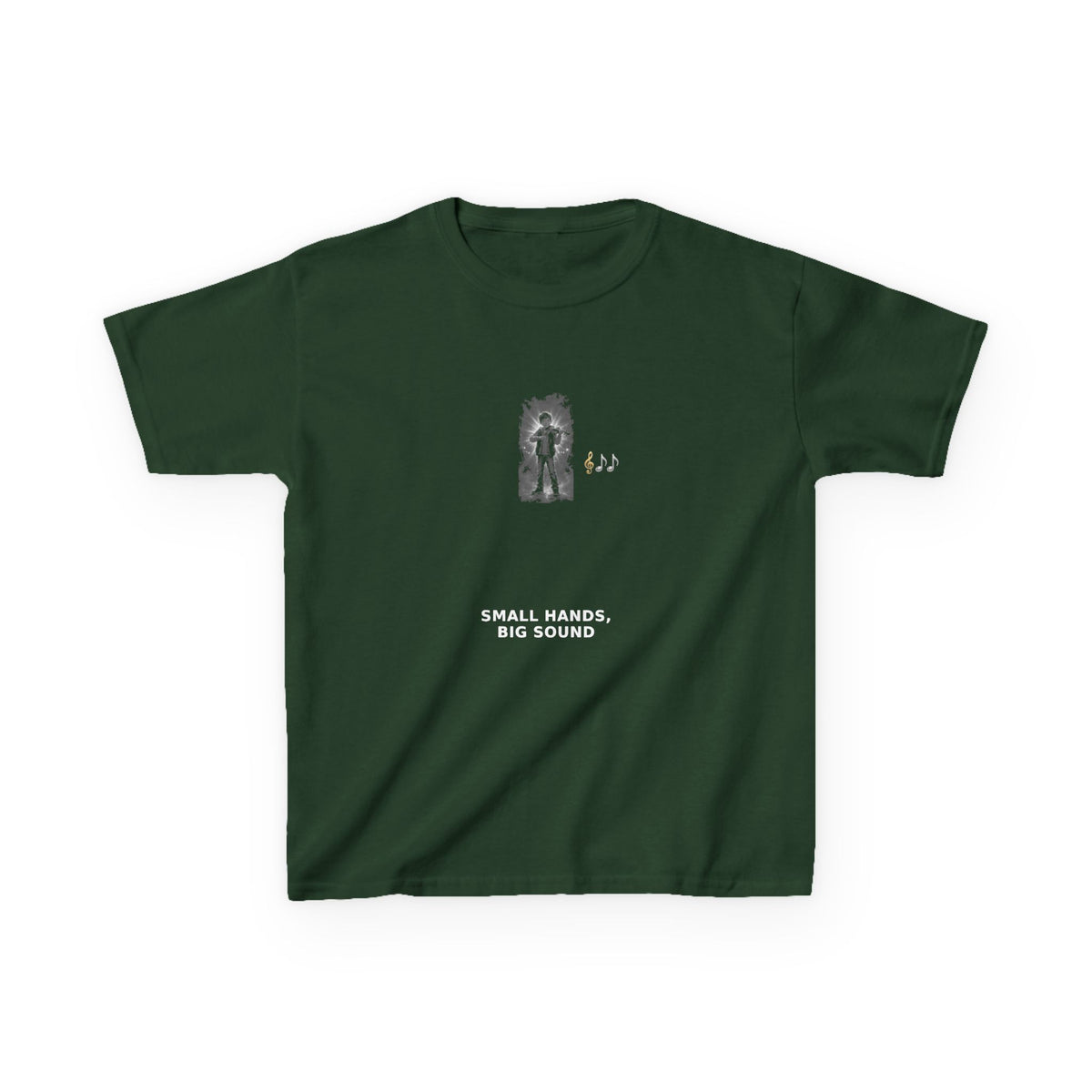 Small Hands, Big Sound — Boy Violin Pre-Teen Musician Tee (White Ink) (Budget Edition) (Front Print)