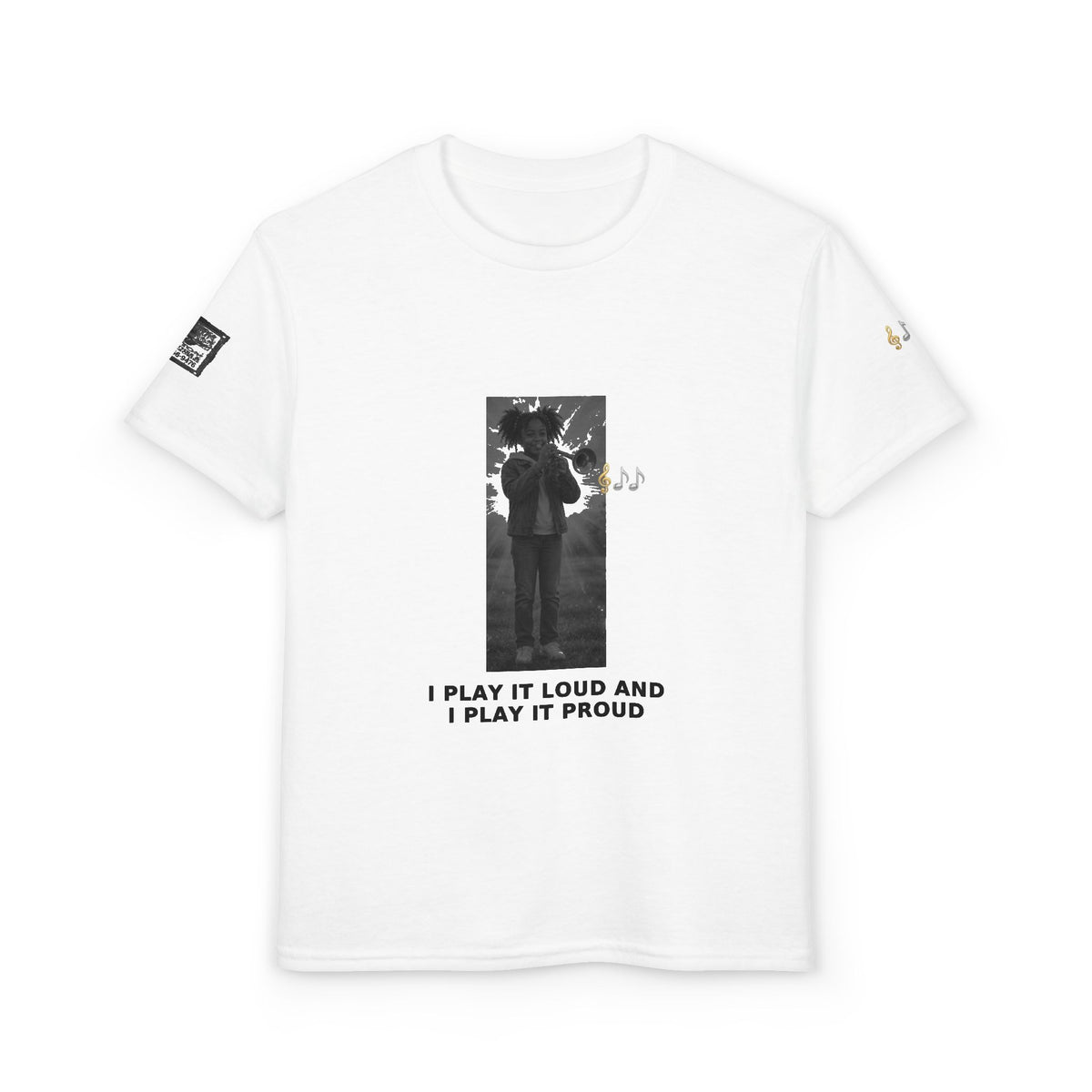 I Play It Loud and I Play It Proud — Black Girl Trumpet Pre-Teen Musician Tee (Black Ink)