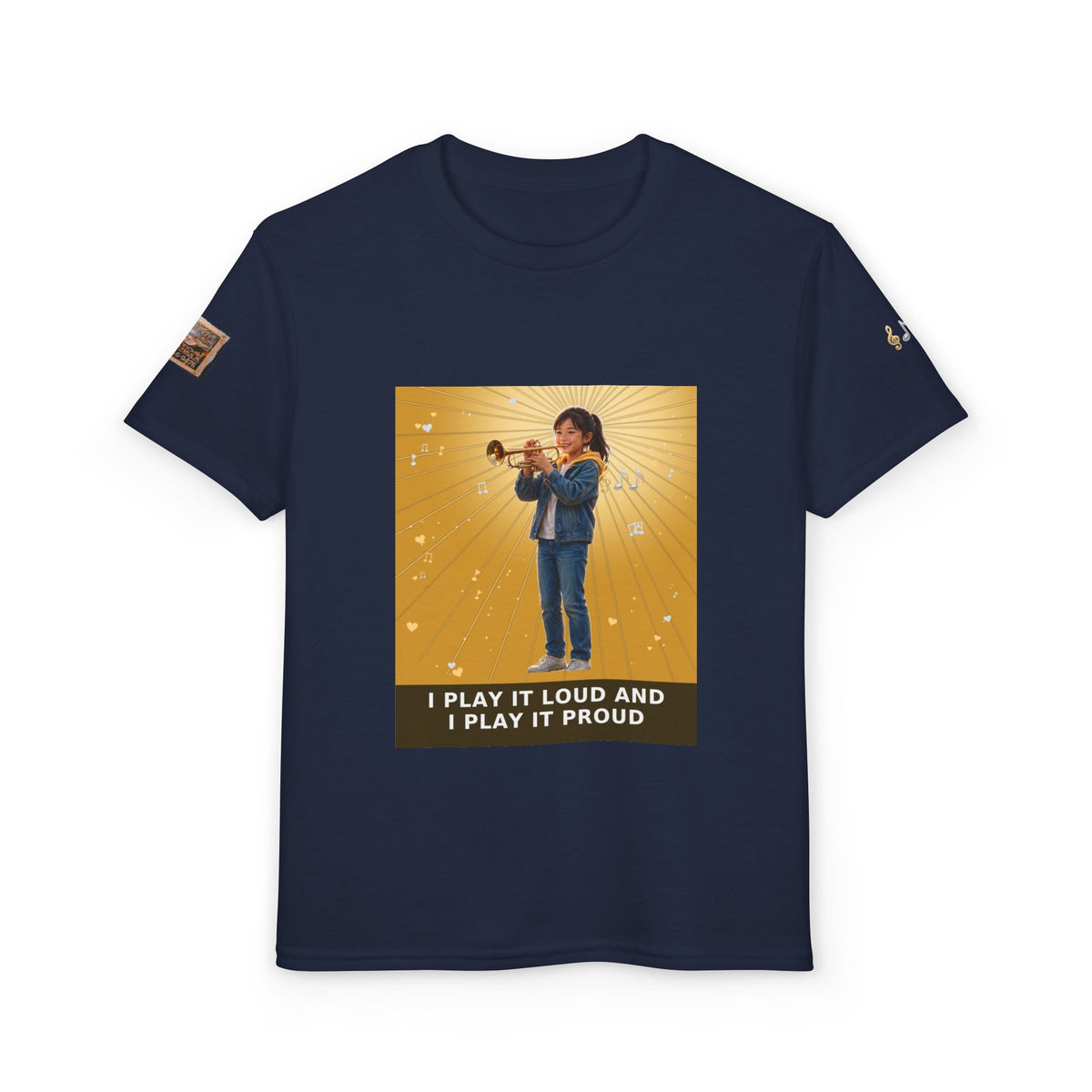 I Play It Loud and I Play It Proud — Asian Girl Trumpet Pre-Teen Musician Tee (Golden Amber) (Budget Edition)