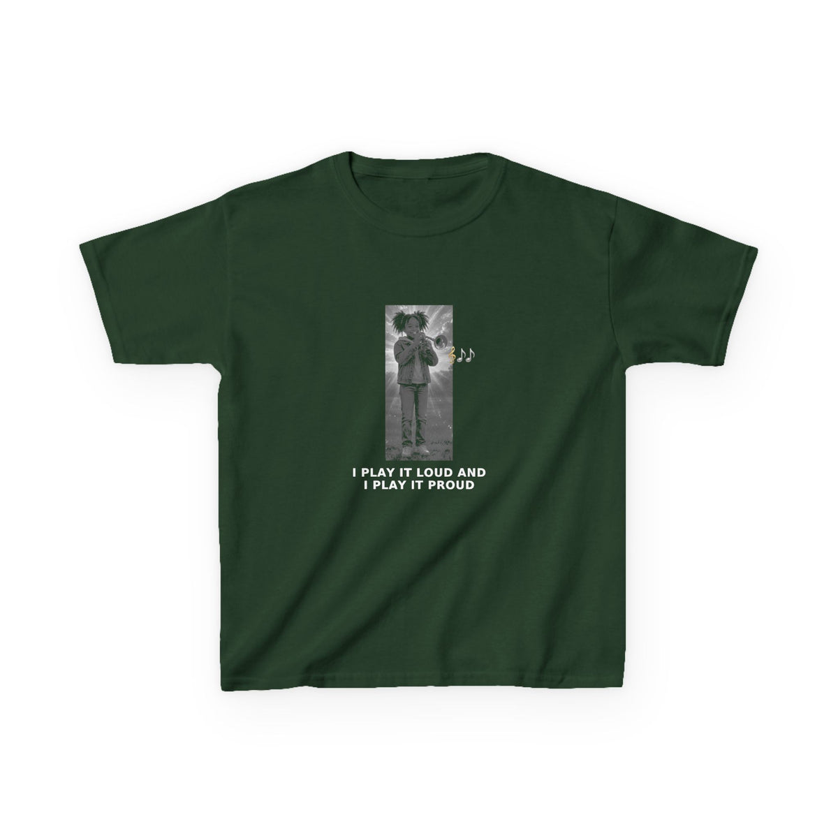 I Play It Loud and I Play It Proud — Black Girl Trumpet Pre-Teen Musician Tee (White Ink) (Budget Edition) (Front Print)