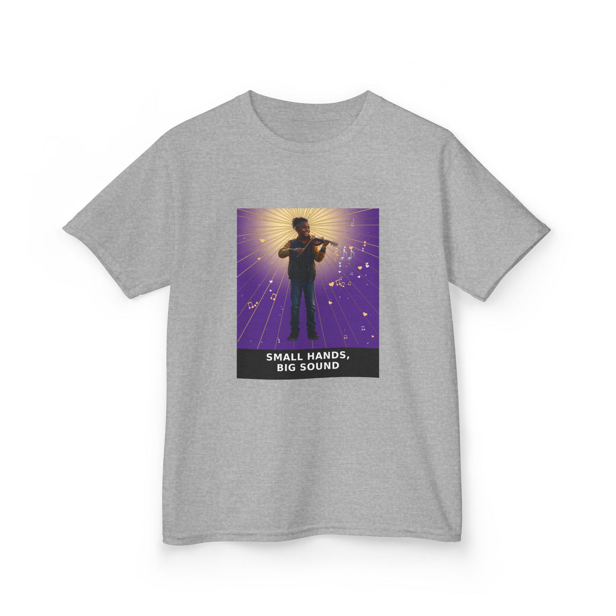Small Hands, Big Sound — Black Boy Violin Pre-Teen Musician Tee (Royal Purple) (Budget Edition) (Front Print)