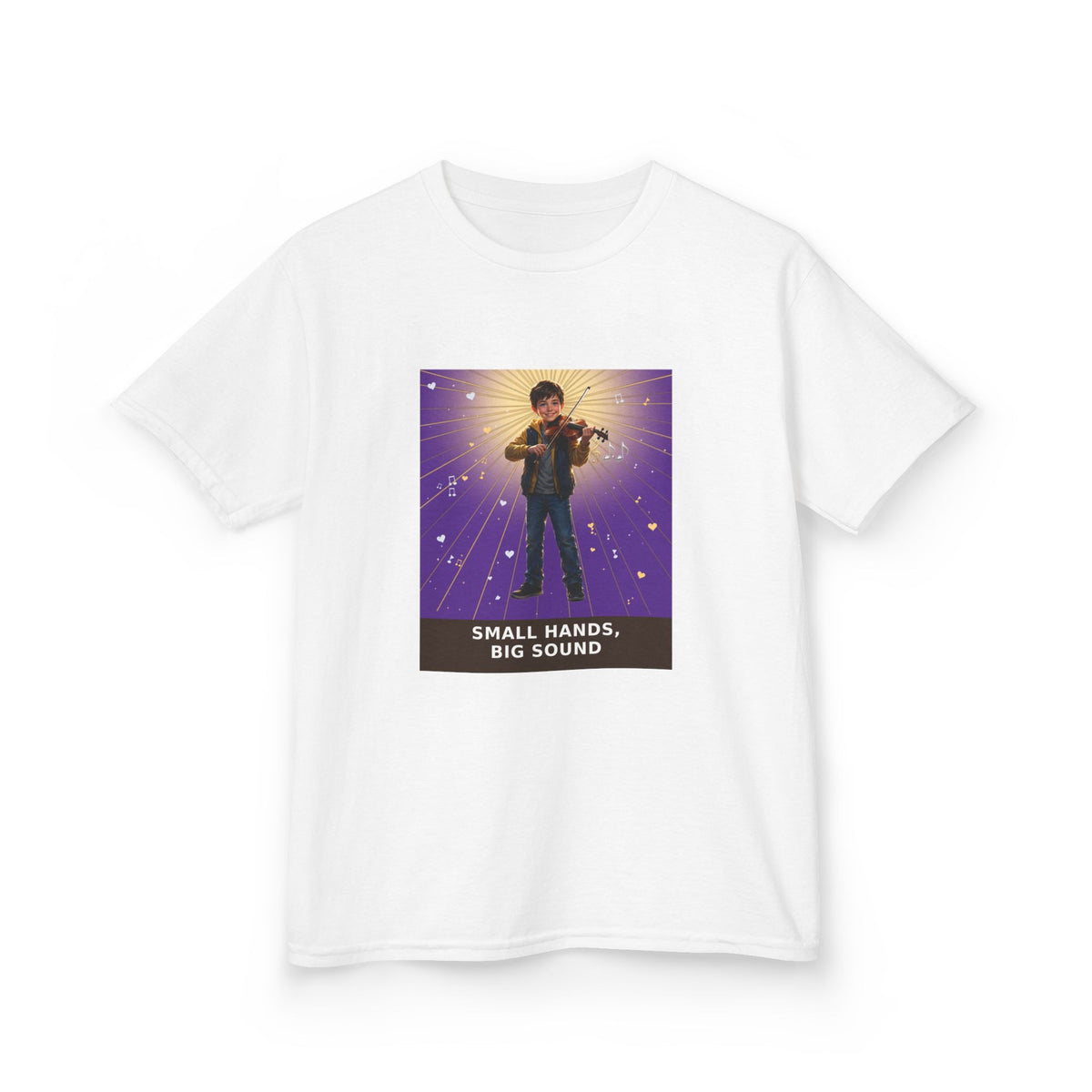 Small Hands, Big Sound — Boy Violin Pre-Teen Musician Tee (Royal Purple) (Budget Edition) (Front Print)