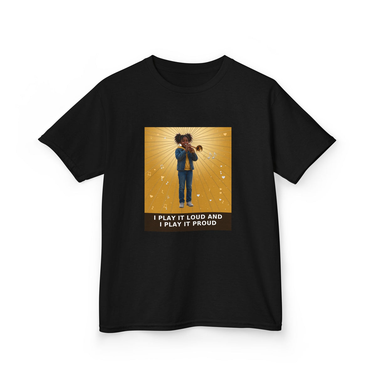 I Play It Loud and I Play It Proud — Black Girl Trumpet Pre-Teen Musician Tee (Golden Amber) (Budget Edition) (Front Print)