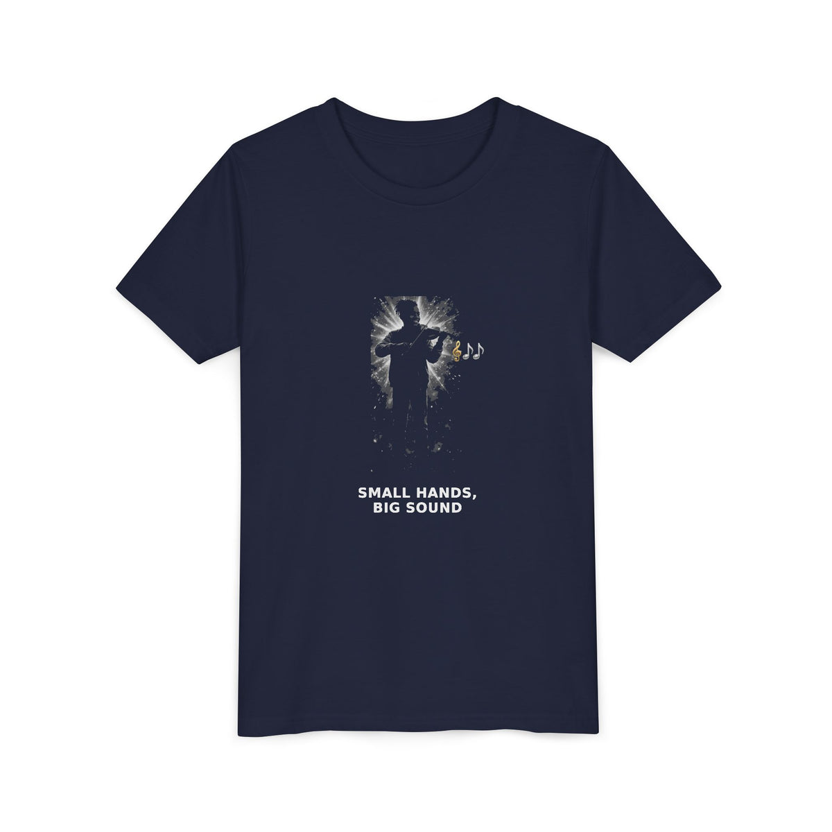 Small Hands, Big Sound — Black Boy Violin Pre-Teen Musician Tee (White Ink) (Front Print)