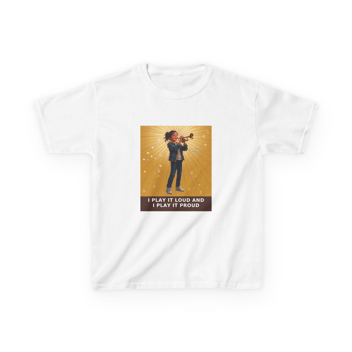 I Play It Loud and I Play It Proud — Girl Trumpet Pre-Teen Musician Tee (Golden Amber) (Budget Edition) (Front Print)