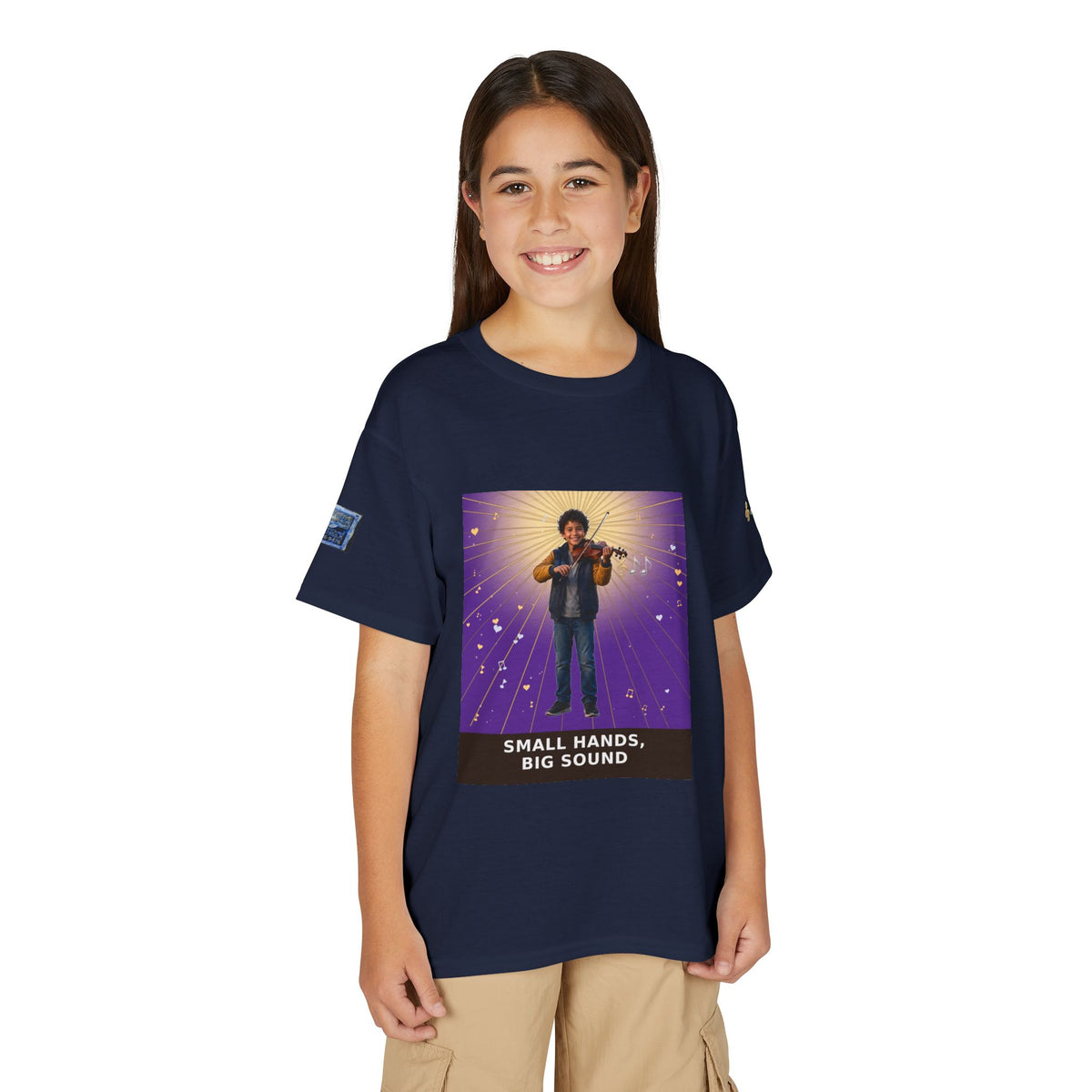 Small Hands, Big Sound — Latino Boy Violin Pre-Teen Musician Tee (Royal Purple)