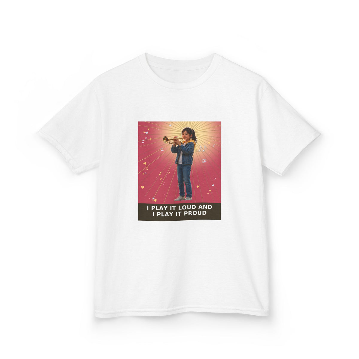 I Play It Loud and I Play It Proud — Asian Girl Trumpet Pre-Teen Musician Tee (Rose) (Budget Edition) (Front Print)