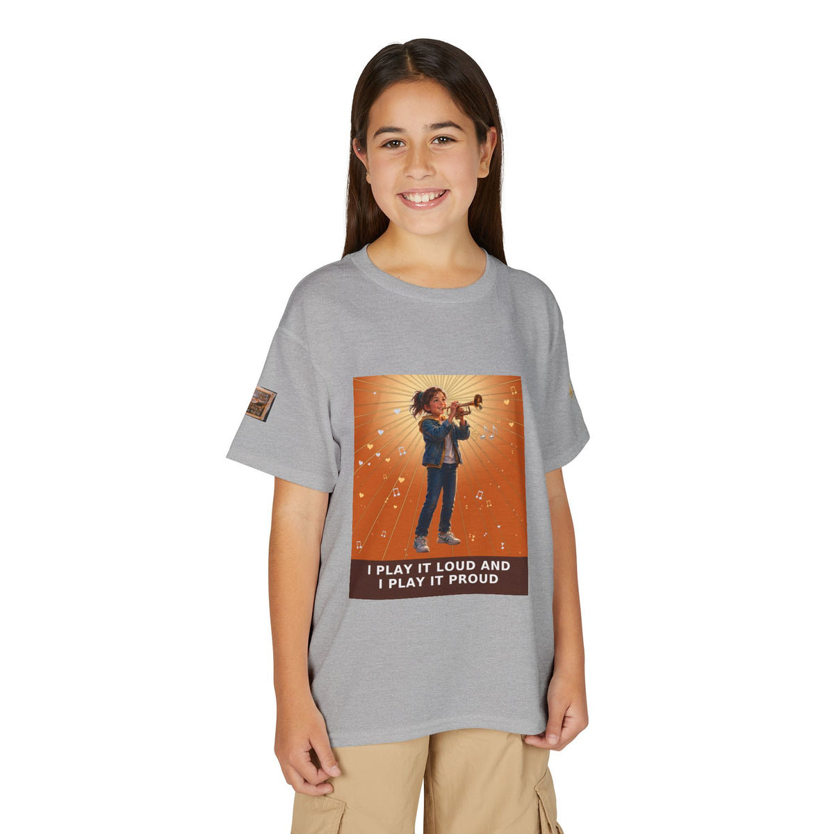 I Play It Loud and I Play It Proud — Girl Trumpet Pre-Teen Musician Tee (Sunset Orange) (Budget Edition)