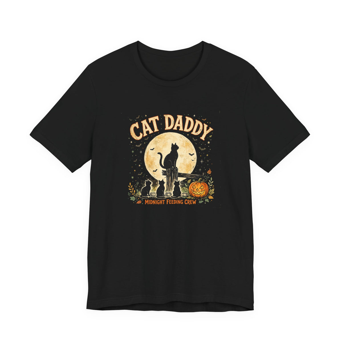 Cat Daddy Halloween T-Shirt - Midnight Feeding Crew Black Cat Full Moon Vintage Tee, Funny Feral Cat Lover Gift
