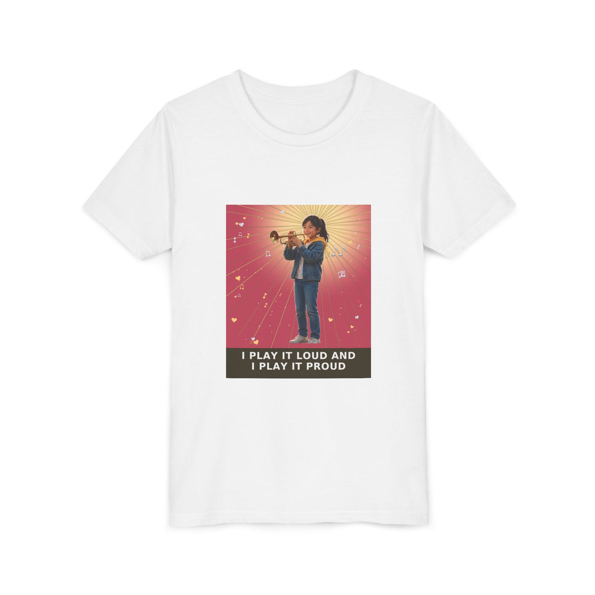 I Play It Loud and I Play It Proud — Asian Girl Trumpet Pre-Teen Musician Tee (Rose) (Front Print)