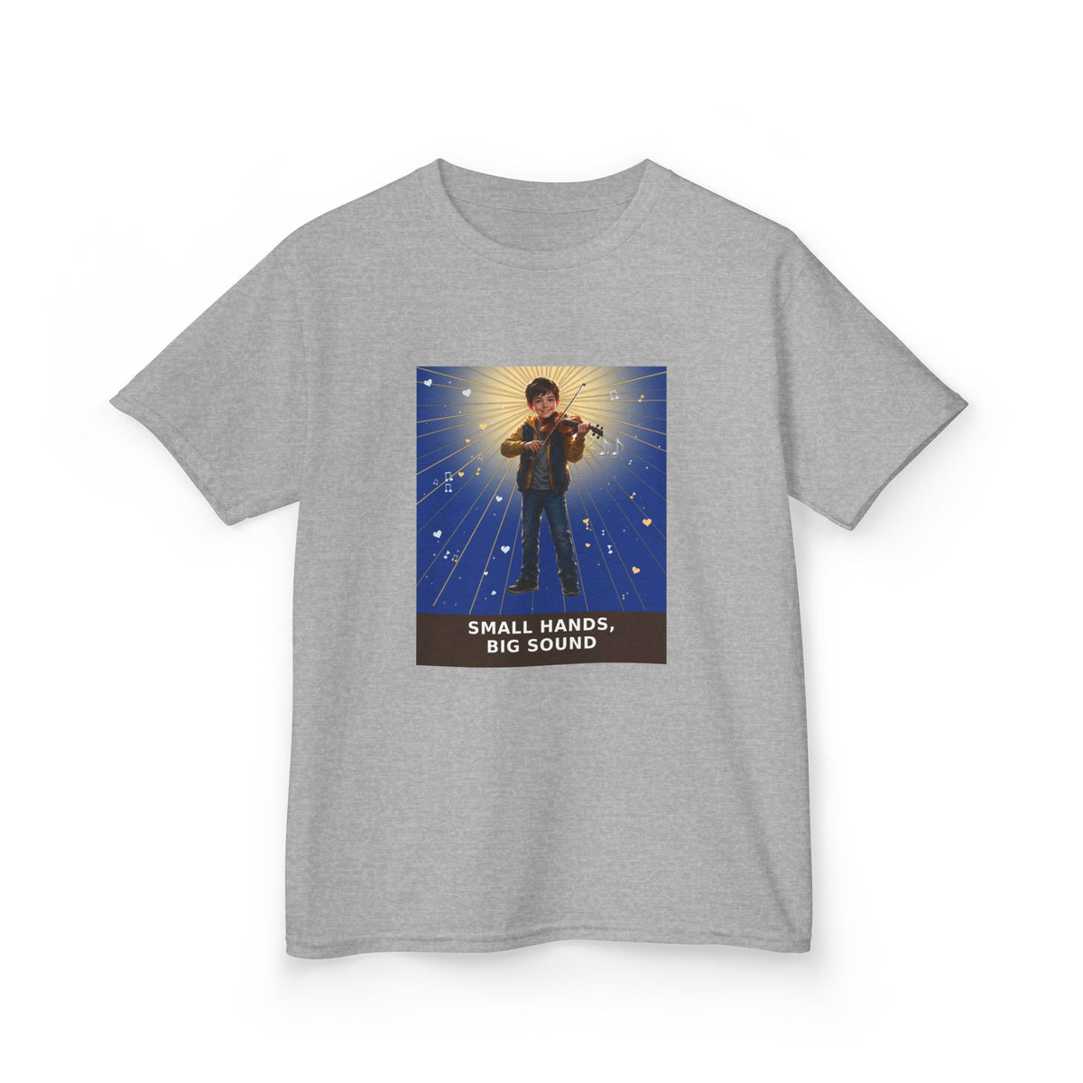 Small Hands, Big Sound — Boy Violin Pre-Teen Musician Tee (Deep Blue) (Budget Edition) (Front Print)
