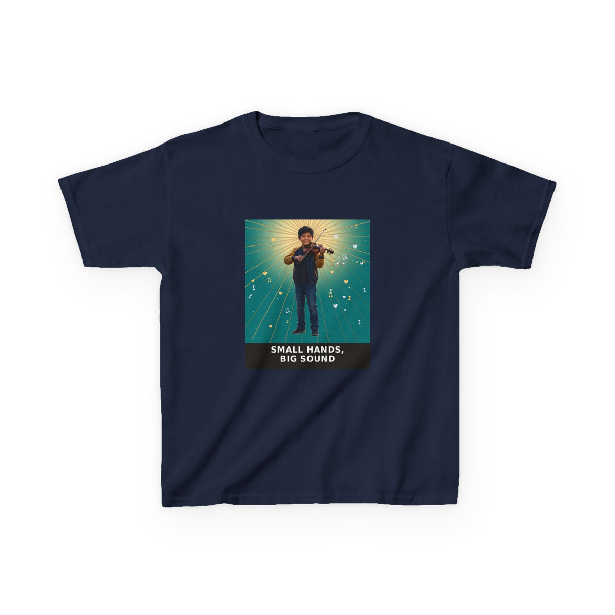 Small Hands, Big Sound — Asian Boy Violin Pre-Teen Musician Tee (Teal) (Budget Edition) (Front Print)