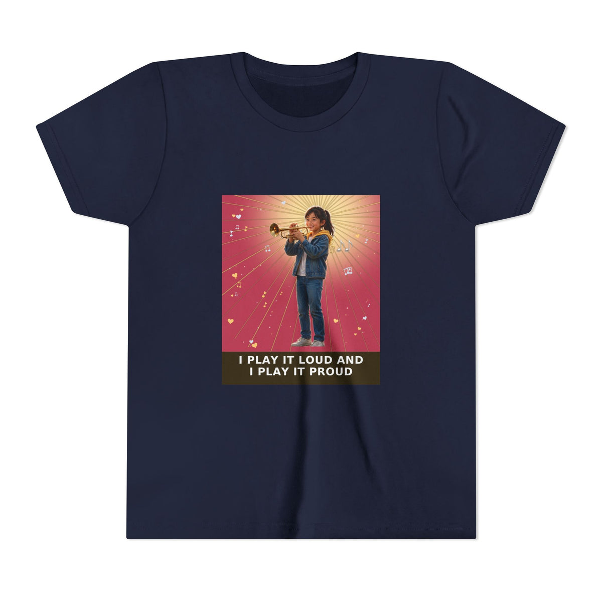 I Play It Loud and I Play It Proud — Asian Girl Trumpet Pre-Teen Musician Tee (Rose) (Front Print)