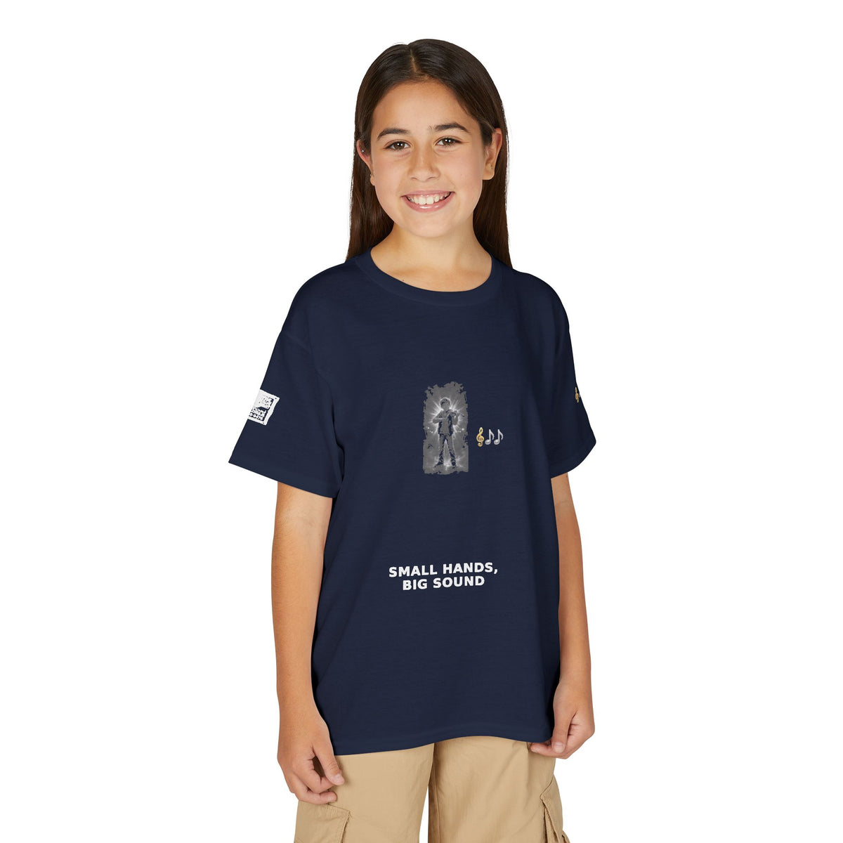 Small Hands, Big Sound — Boy Violin Pre-Teen Musician Tee (White Ink)