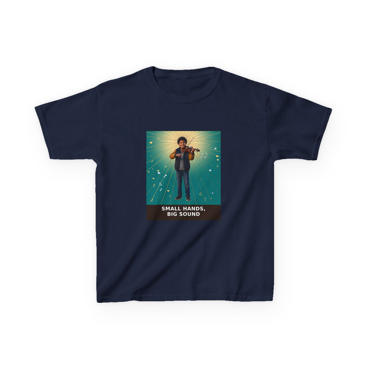 Small Hands, Big Sound — Latino Boy Violin Pre-Teen Musician Tee (Teal) (Budget Edition) (Front Print)