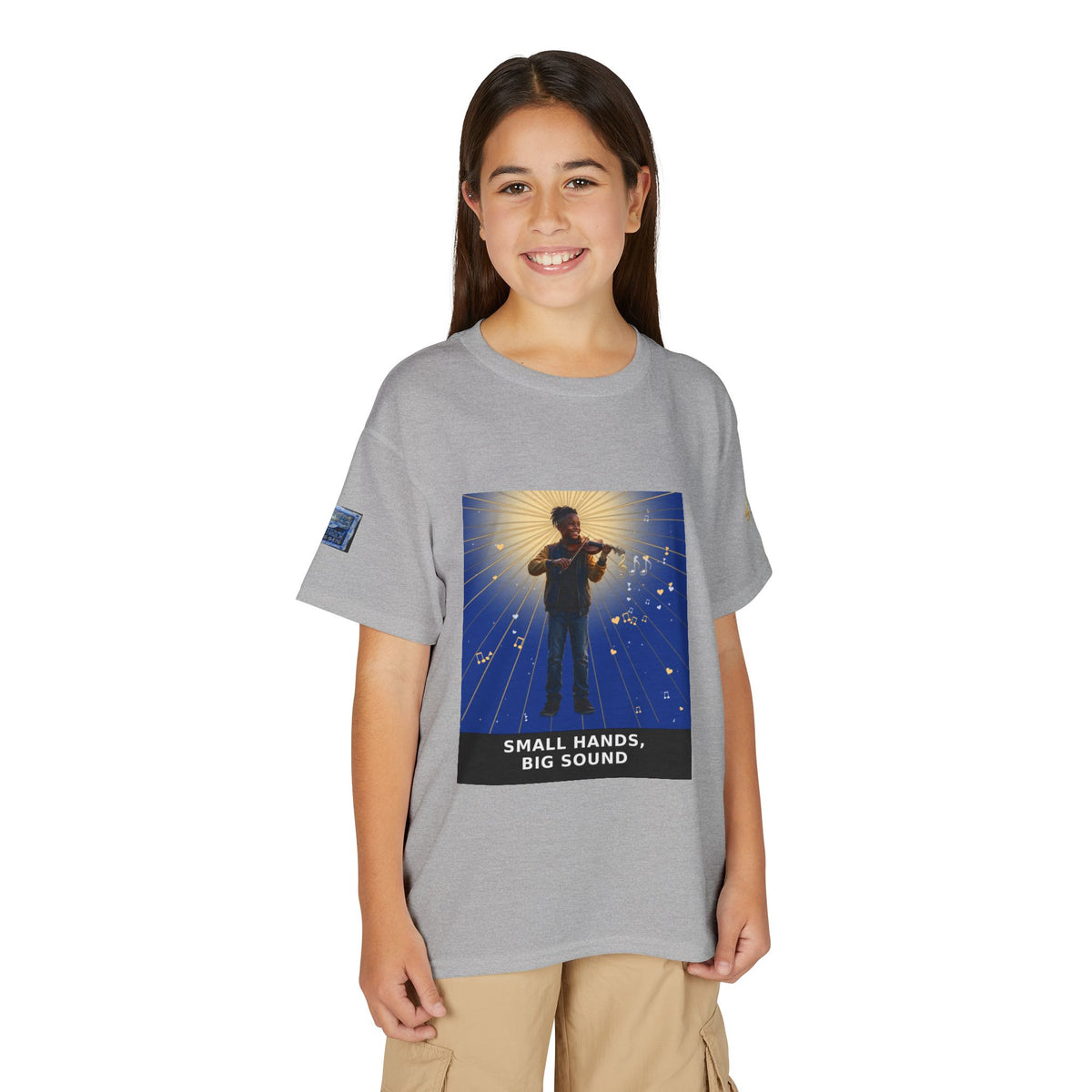Small Hands, Big Sound — Black Boy Violin Pre-Teen Musician Tee (Deep Blue) (Budget Edition)