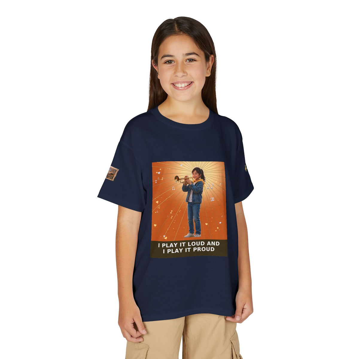 I Play It Loud and I Play It Proud — Asian Girl Trumpet Pre-Teen Musician Tee (Sunset Orange)