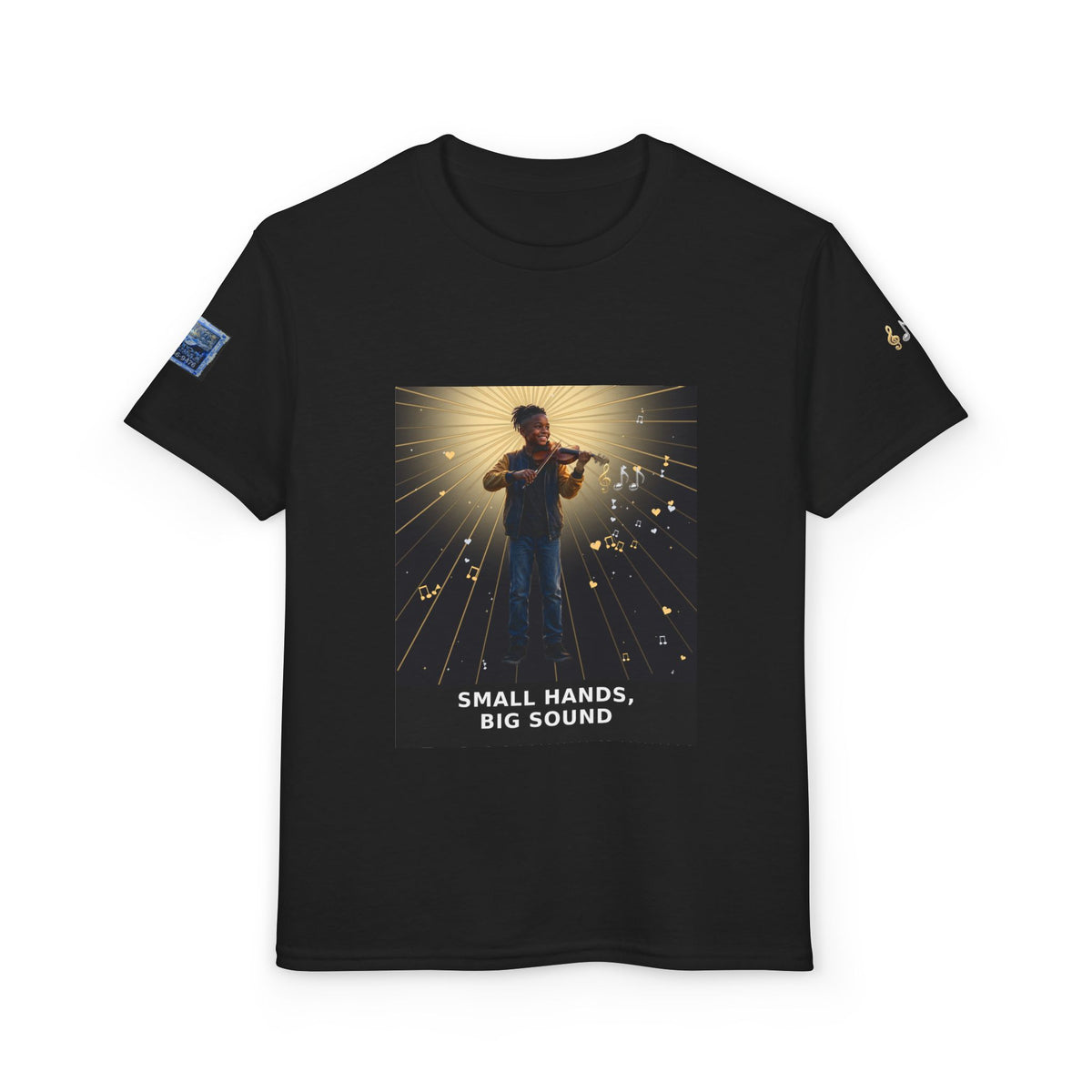 Small Hands, Big Sound — Black Boy Violin Pre-Teen Musician Tee