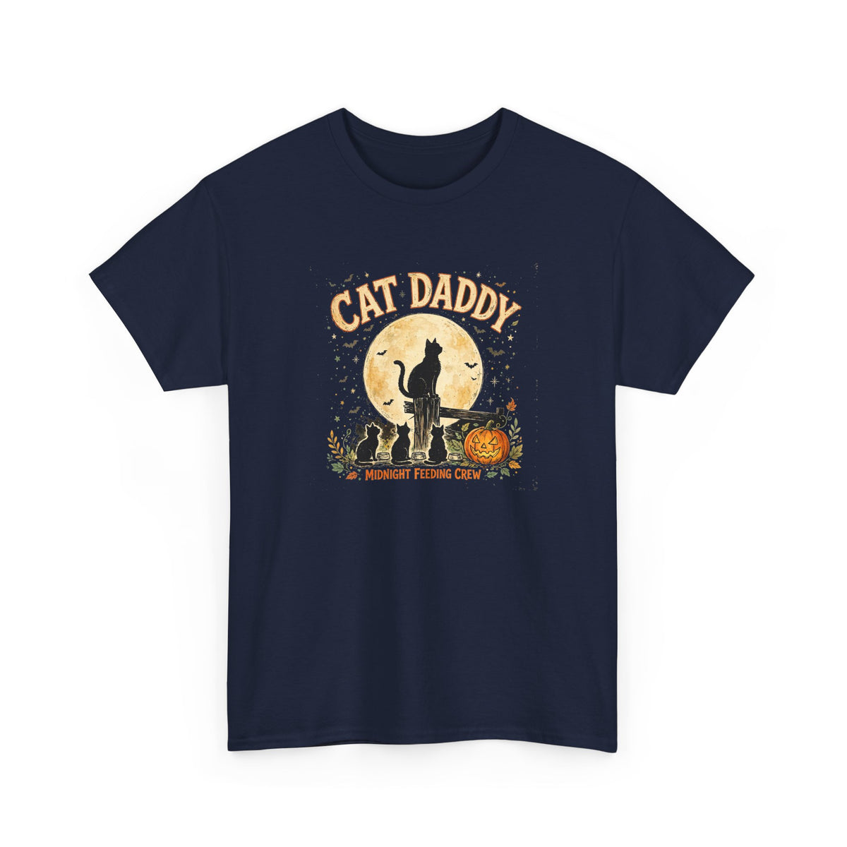 Cat Daddy Halloween T-Shirt - Midnight Feeding Crew Black Cat Full Moon Vintage Tee, Funny Feral Cat Lover Gift - Budget Edition