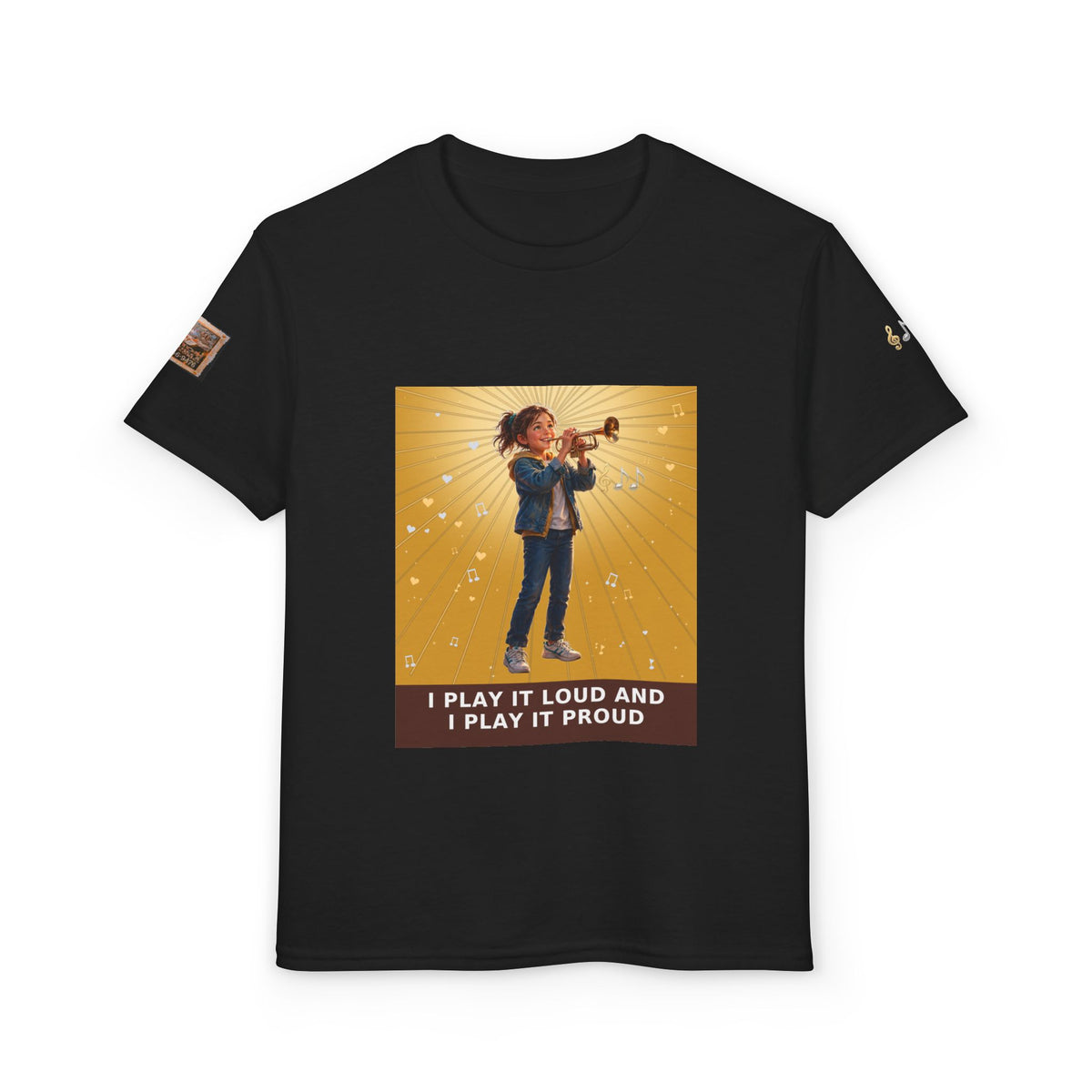 I Play It Loud and I Play It Proud — Girl Trumpet Pre-Teen Musician Tee (Golden Amber) (Budget Edition)